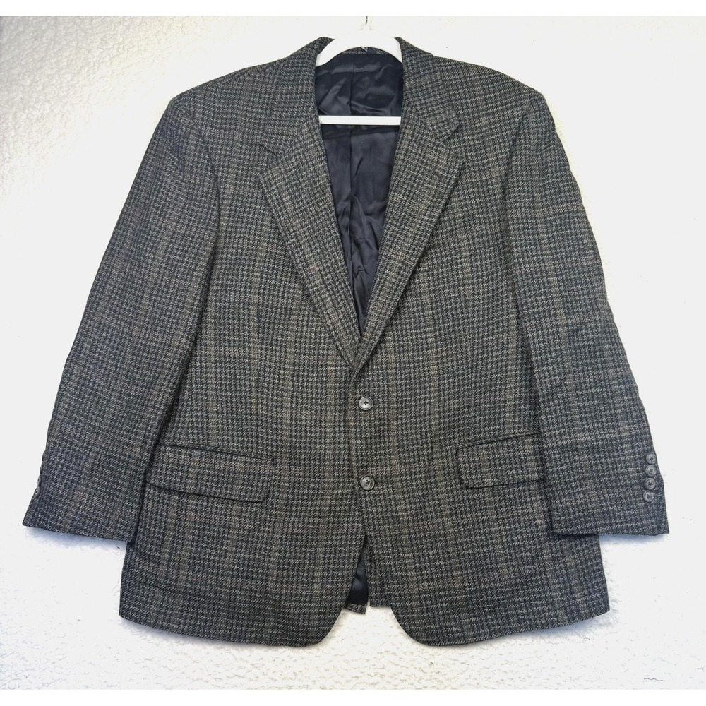 VINTAGE Burberrys' Blazer Mens 44 Gray Brown‎ Blue Houndstooth Wool Sport Coat